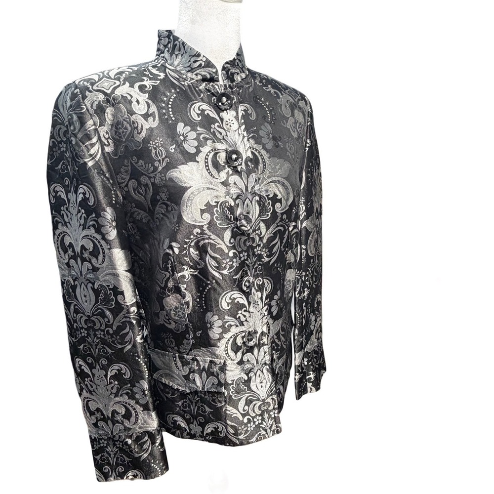 Vintage Chaus 100% Silk Mandarin Jacket Black Metallic Brocade Women Size 8 Luxe - Picture 8 of 10